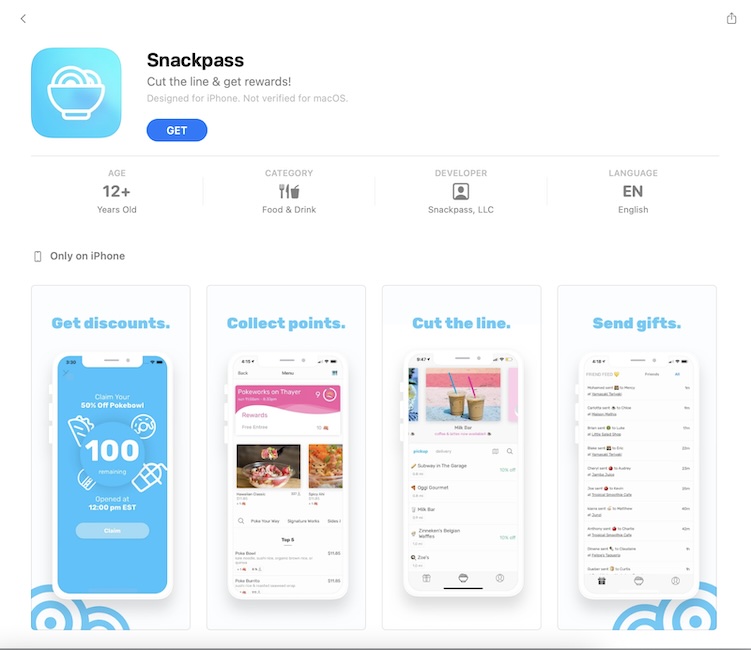 Screenshot of Snackpass's app page in the App Store.