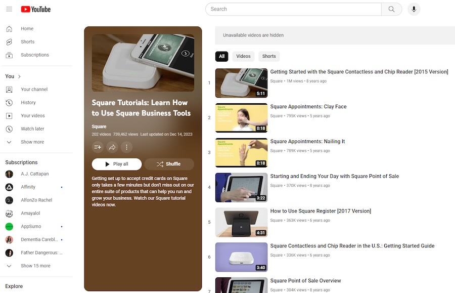 Screenshot of Square's YouTube channel for tutorials.