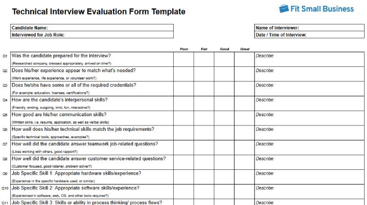 Technical Interview Evaluation Form Template.