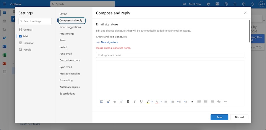 The Compose and Reply tab in the new Outlook.