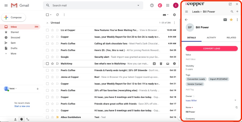 The Copper Chrome extension displaying lead information inside a Gmail inbox.