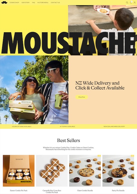 The home page of Moustache Cookies' website with its full branding.