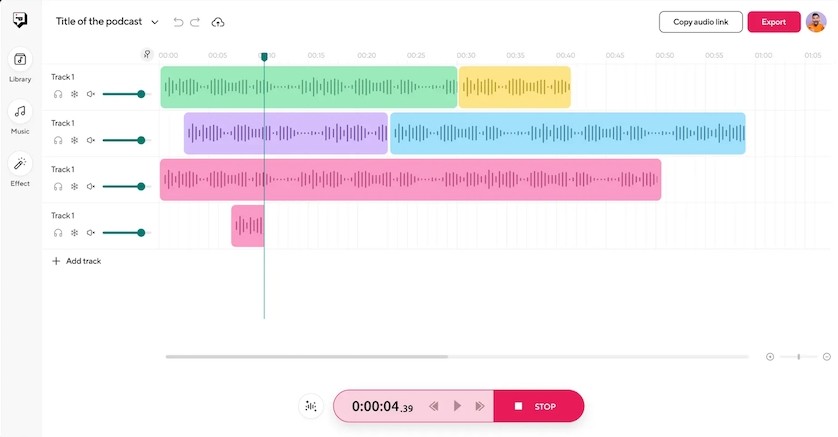 The interface of Podcastle's audio editor.