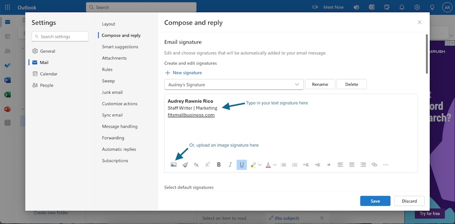Typing or uploading an email signature in the new Outlook.