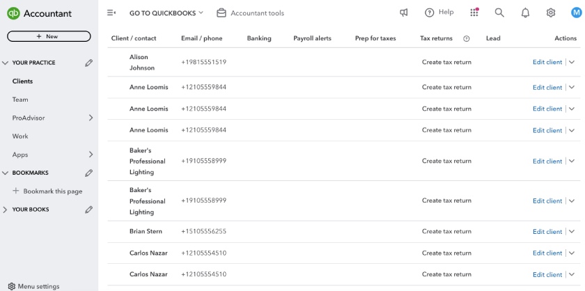 Screen where you can see a list of clients in QuickBooks Online Accountant.