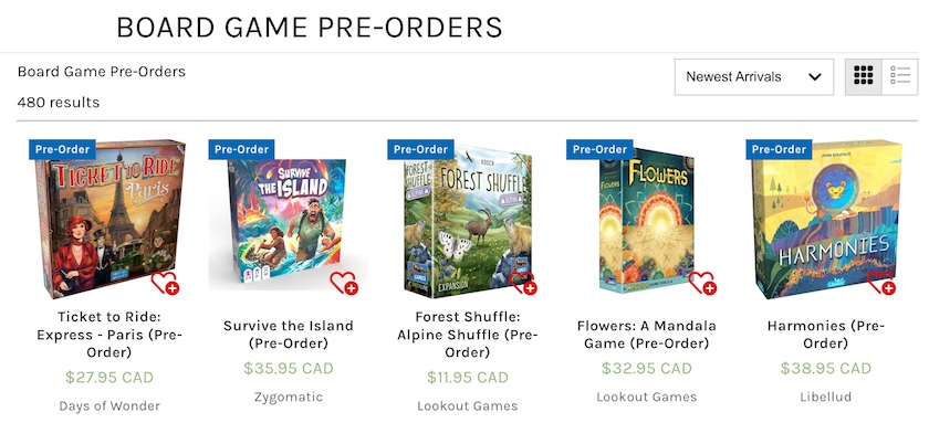 The preorder landing page on the 401 Games website showing 5 product listings available for preorder.