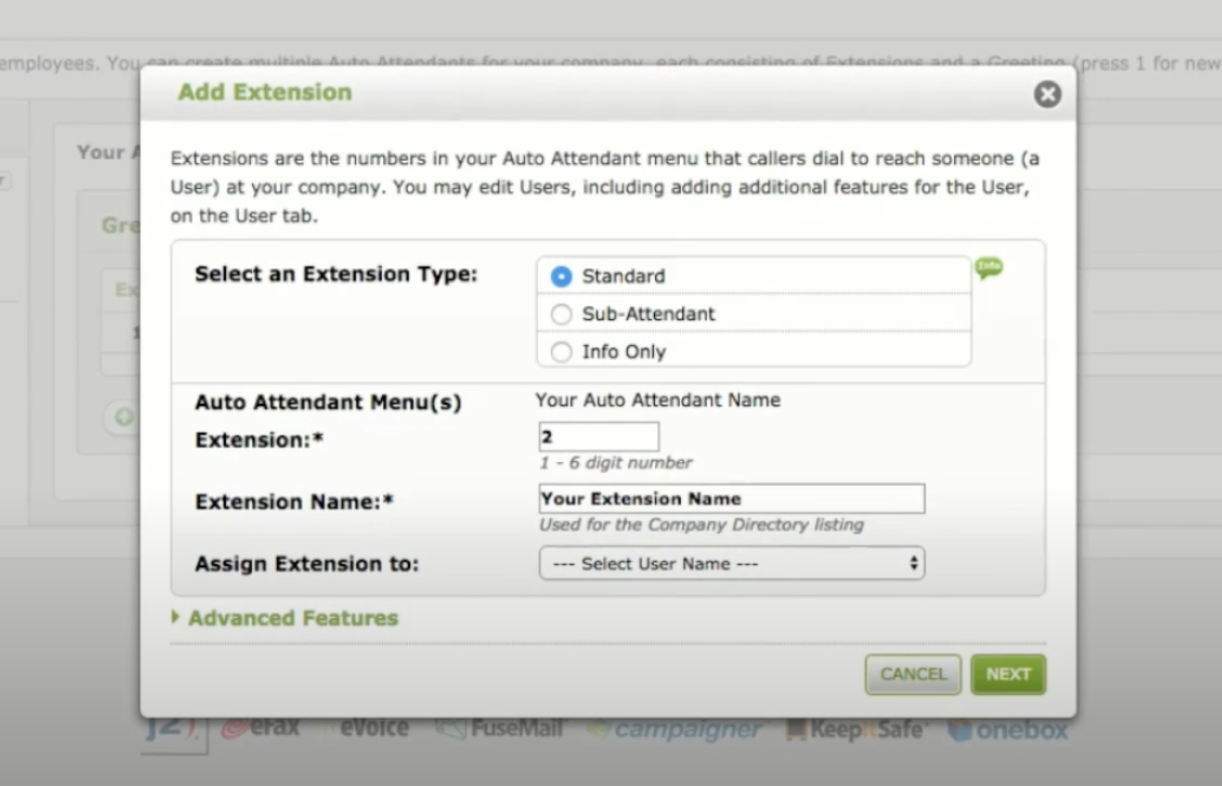 How to set up extensions on eVoice's auto-attendant menu.