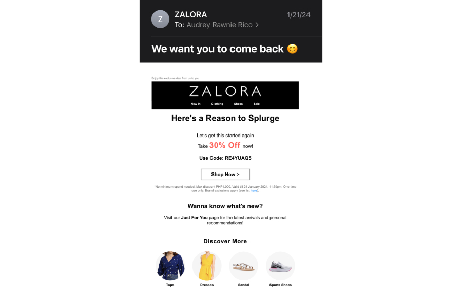 Customer win-back email from Zalora