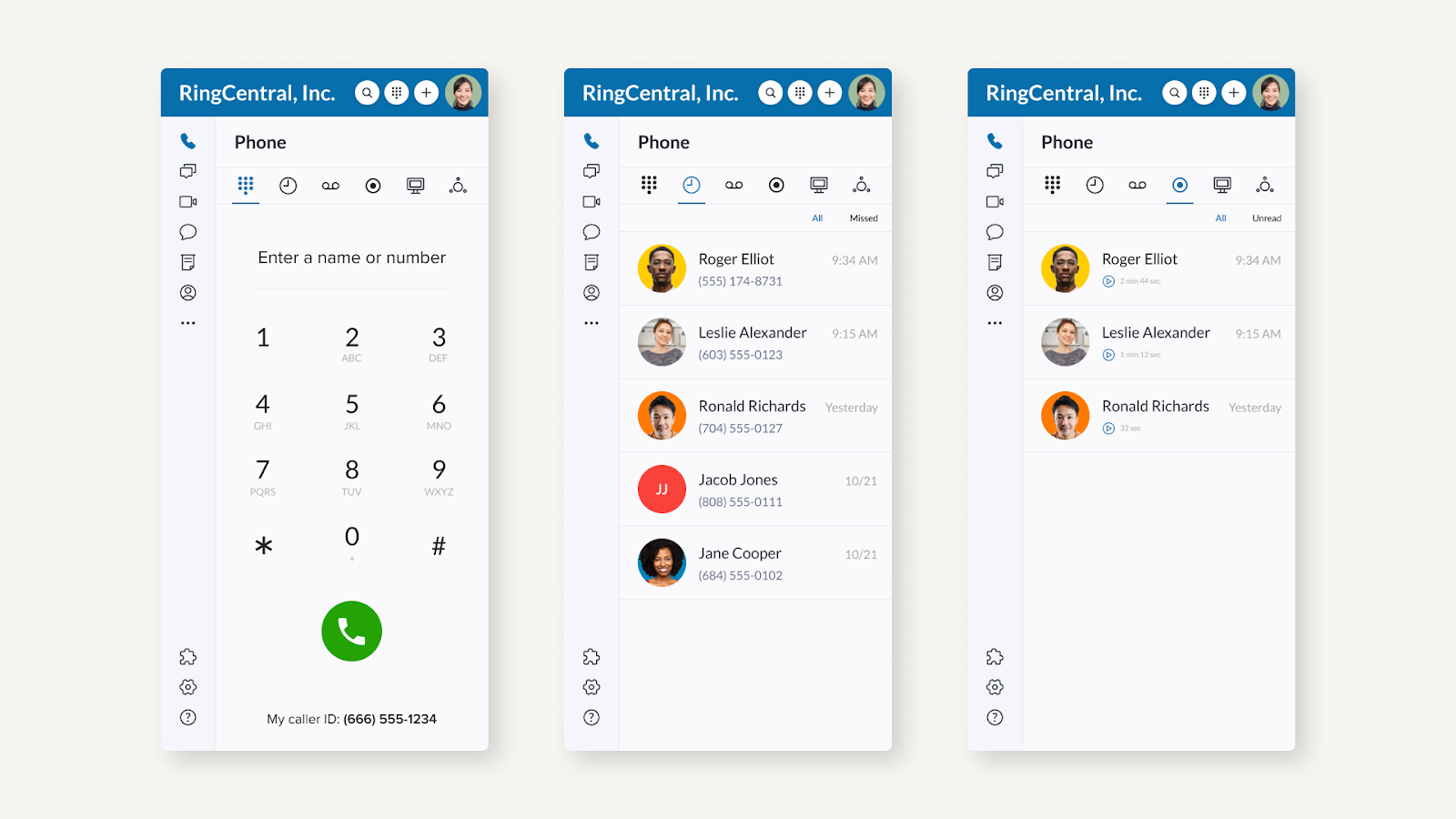 Three screenshots of the RingCentral dial pad, call log, and call recordings on the mobile app.