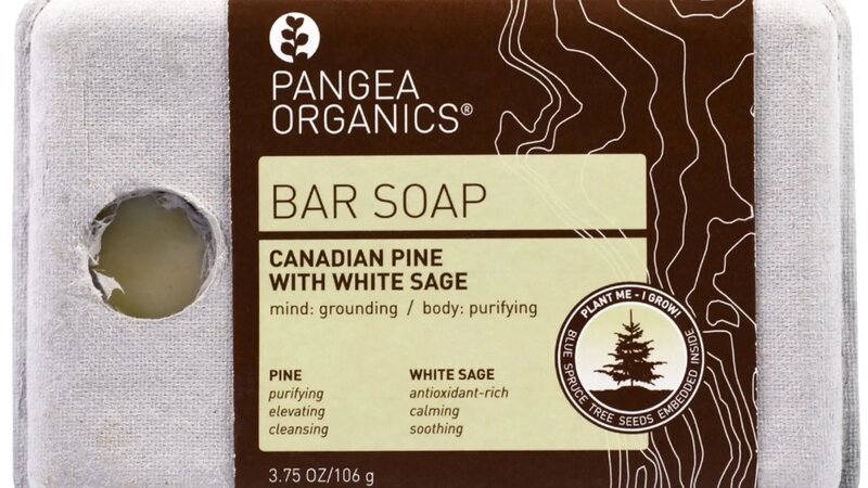 A box of pine and sage-scented bar soap with the Pangea Organics label.
