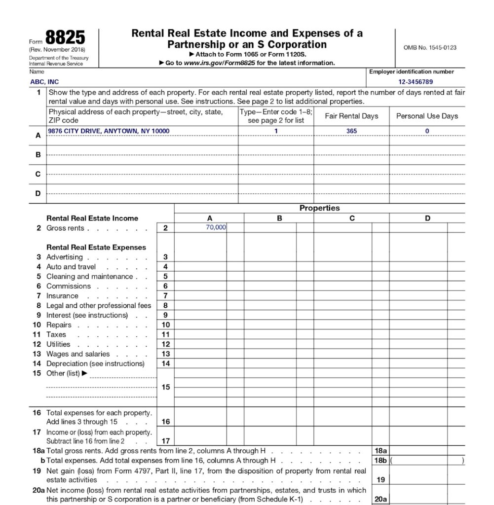 Example of Form 1125-E input from Form 8825, Lines 2–20a