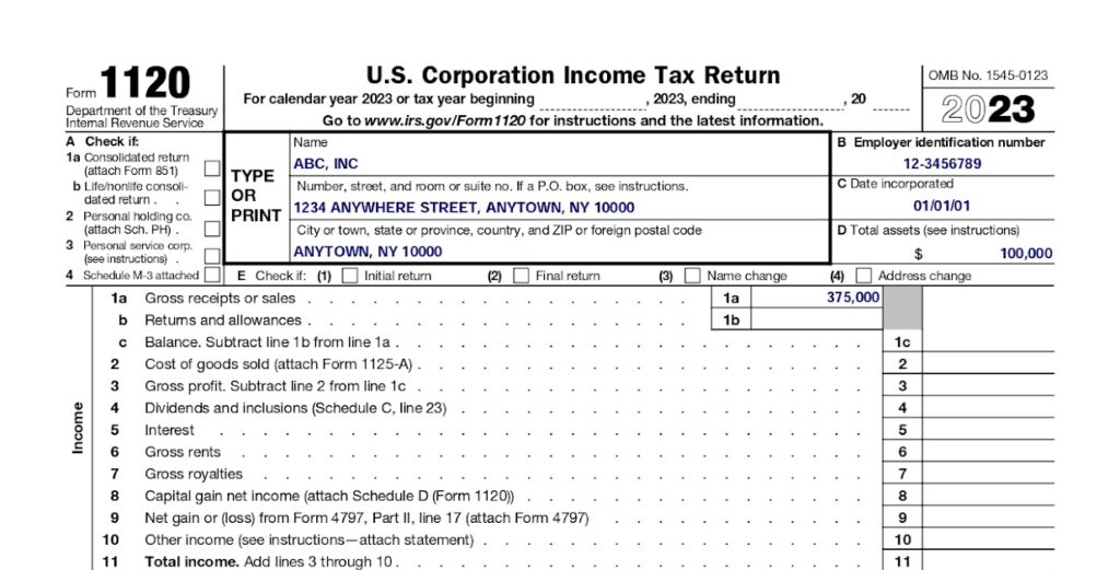 An example of Form 1125-E input from Form 1120, Lines 1a–10