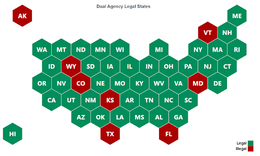 map of states where dual agency is legal and illegal.