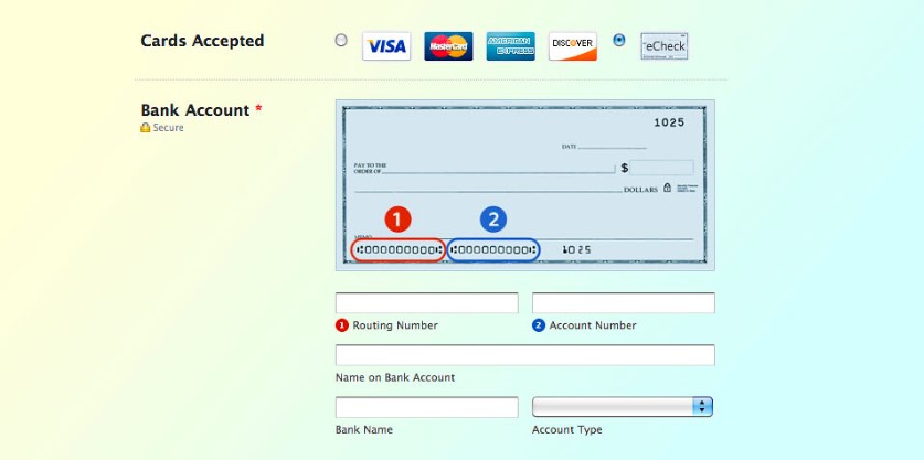 A website checkout page that accepts both credit cards and eCheck payments
