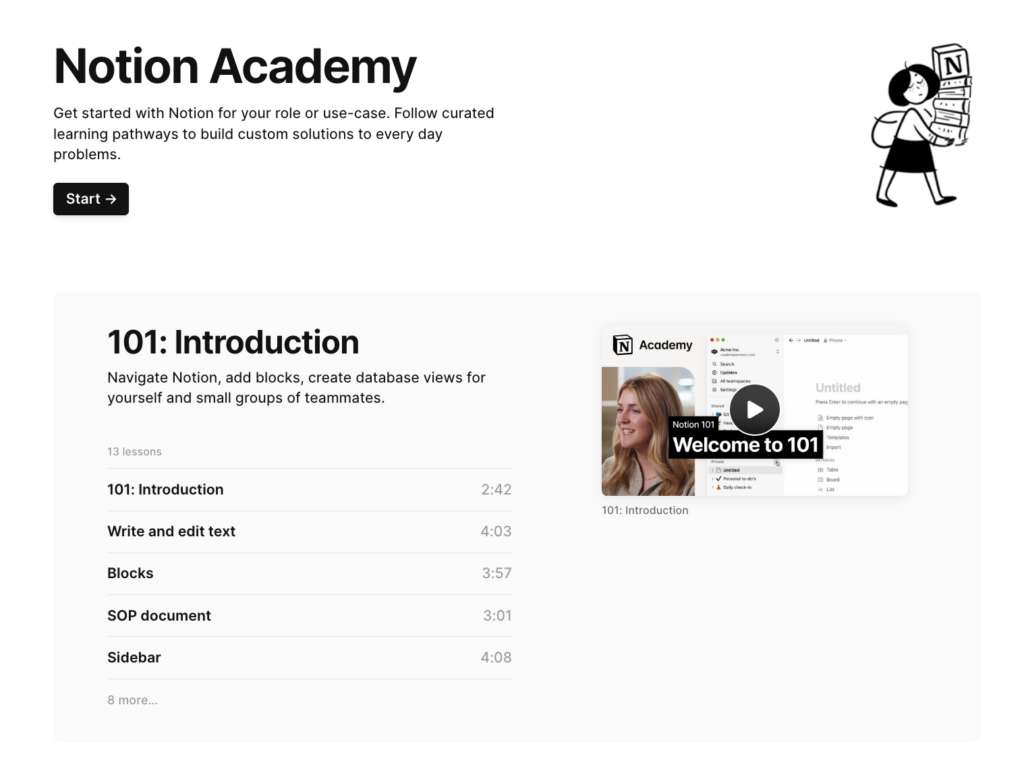Notion Academy web page showing a course titled "101: Introduction" and a list of the lesson titles