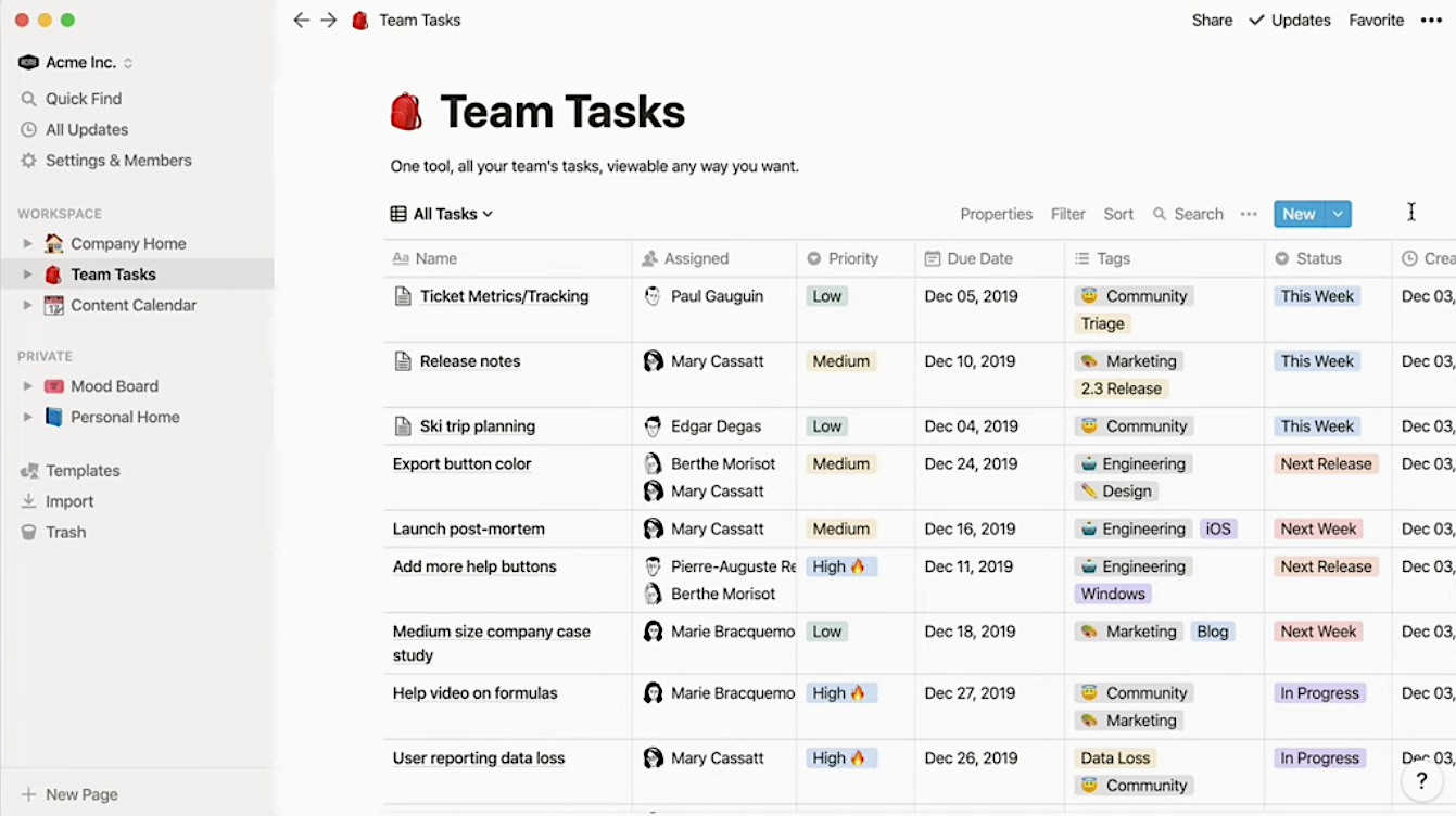 Notion interface showing a page titled "Team Tasks" and a table populated with tasks