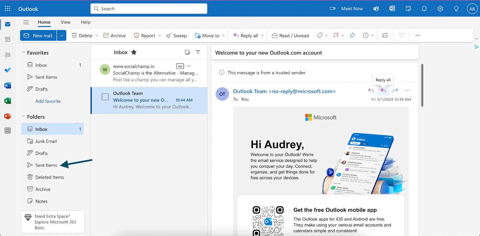 Navigating to the Sent Items folder in the new Outlook