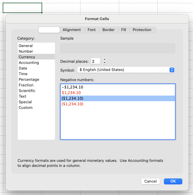 Image showing the Format Cells menu with Currency selected as the desired formatting. The format is set to two decimal places with a dollar sign and negative numbers within parentheses.