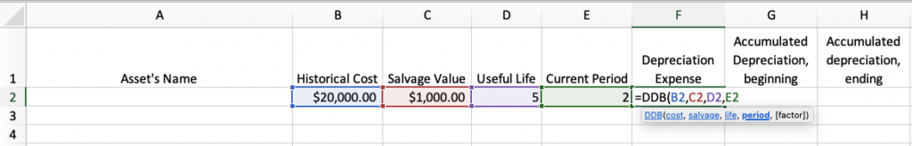 Image showing the double-declining balance formula in Excel.