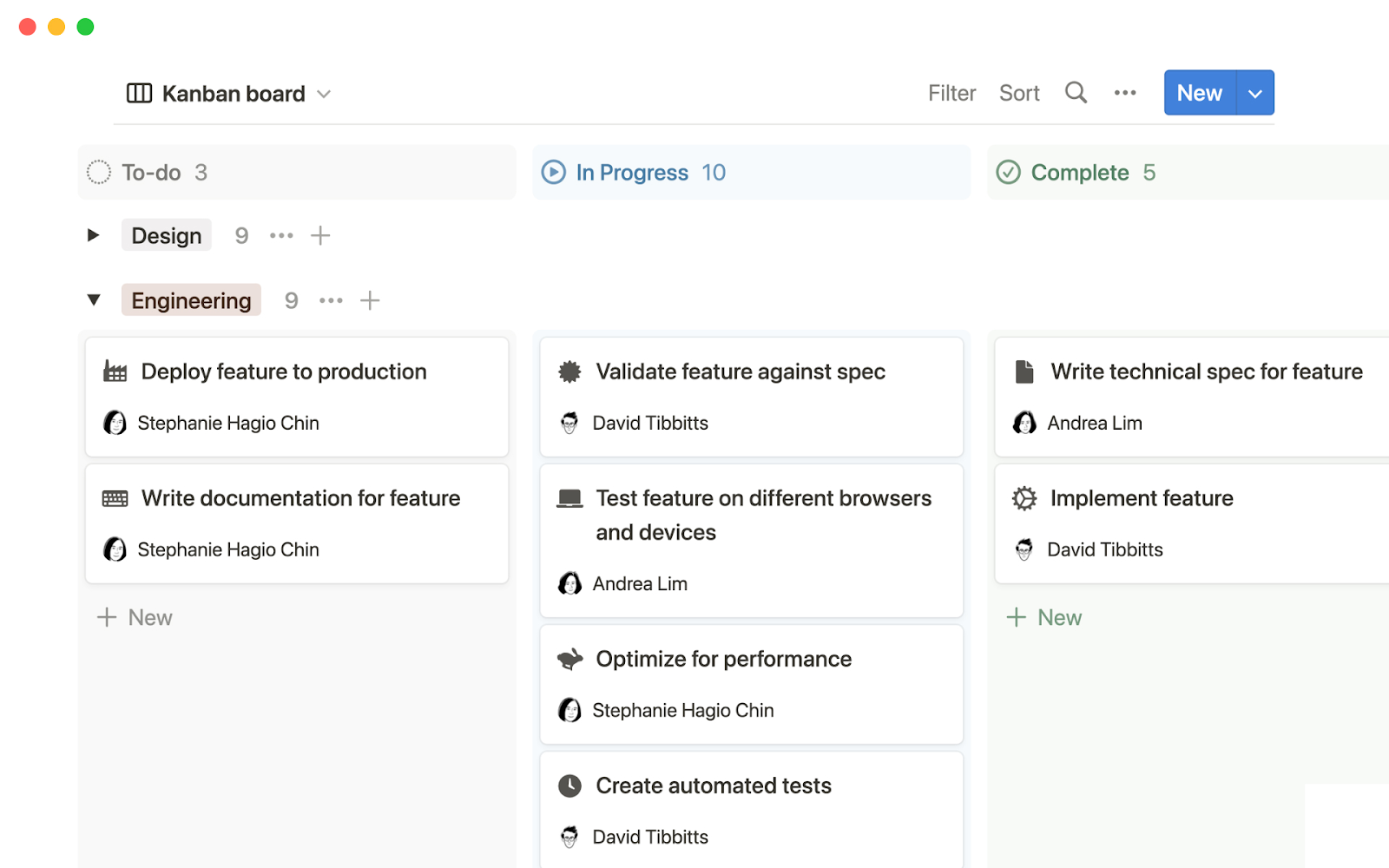Notion interface showing a Kanban board with "To-do," "In-progress," and "Complete" columns
