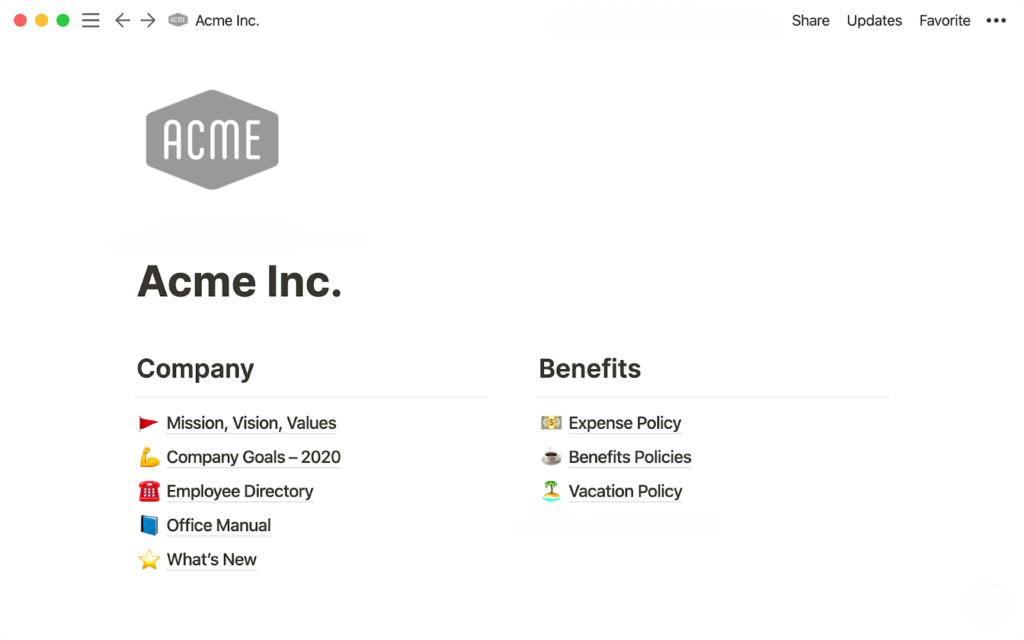 Notion interface showing a page with Acme Inc.’s name and company logo and clickable links to various company articles, including mission-vision, company goals, and employee directory