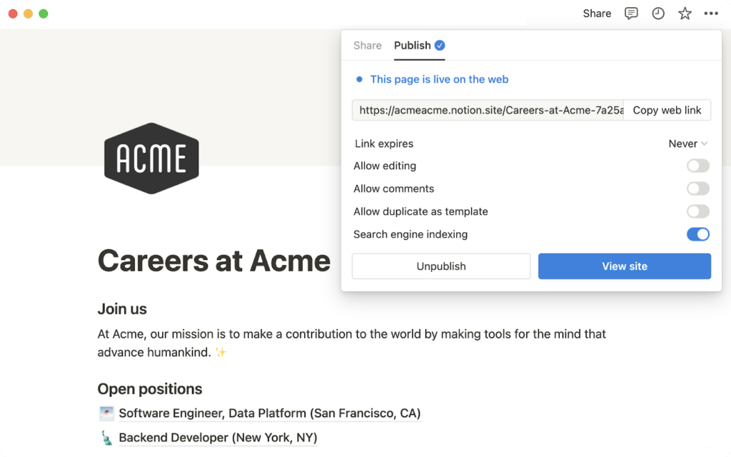 Notion interface showing a "Careers at Acme" page and a dialog box that displays the "Publish" option