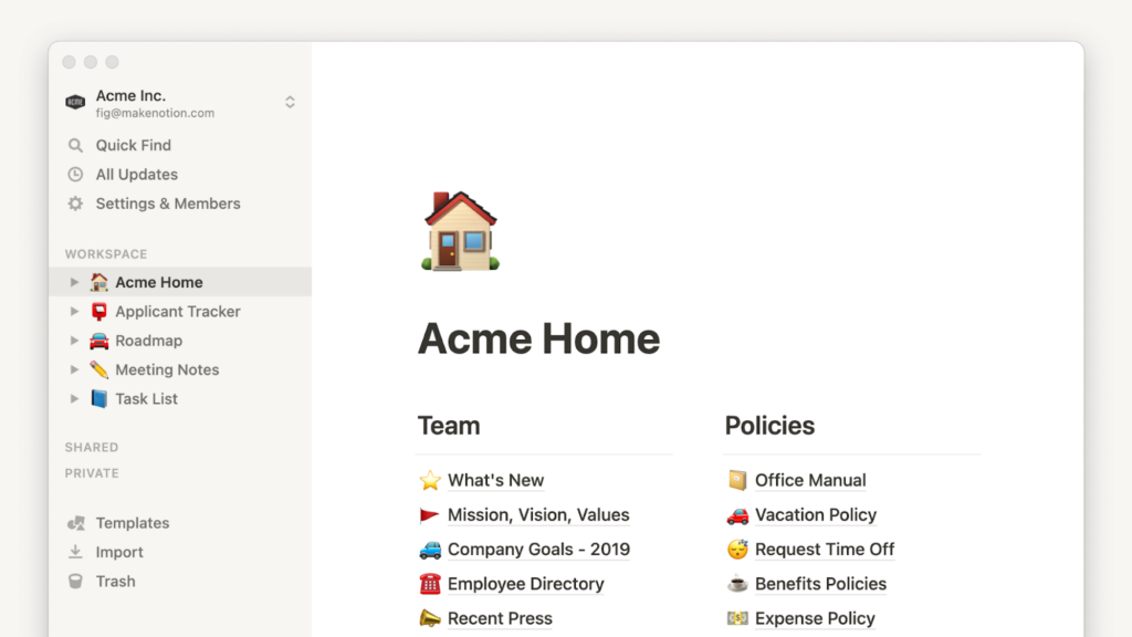 Notion interface showing the main menu side panel and a workspace titled "Acme Home"