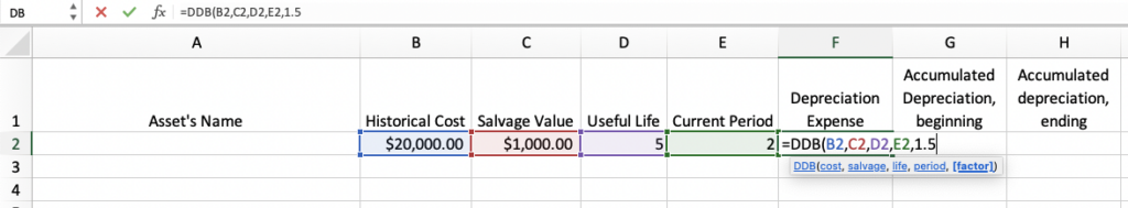 Image showing the 150% declining balance formula in Excel.