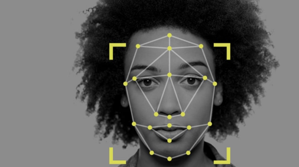 Facial recognition technology identifying the facial features of a young woman