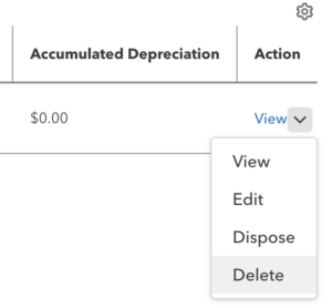 Image showing the Delete button when deleting a fixed asset on QuickBooks.