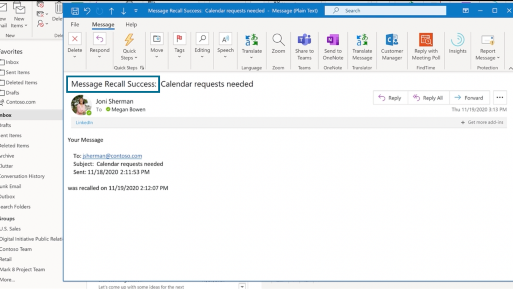 Sample Message Recall Report from Microsoft for a successful email recall