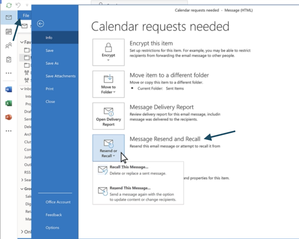 Choosing to resend or recall a message in the new Outlook