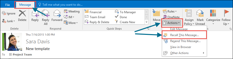 Choosing the "Recall this Message" option in the classic Outlook