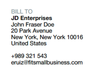 Part of the invoice showing the recipient's information such as business name, contact person, address, phone number, and email.
