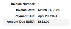 Part of the invoice showing the invoice number, invoice date, payment due date, and amount due.