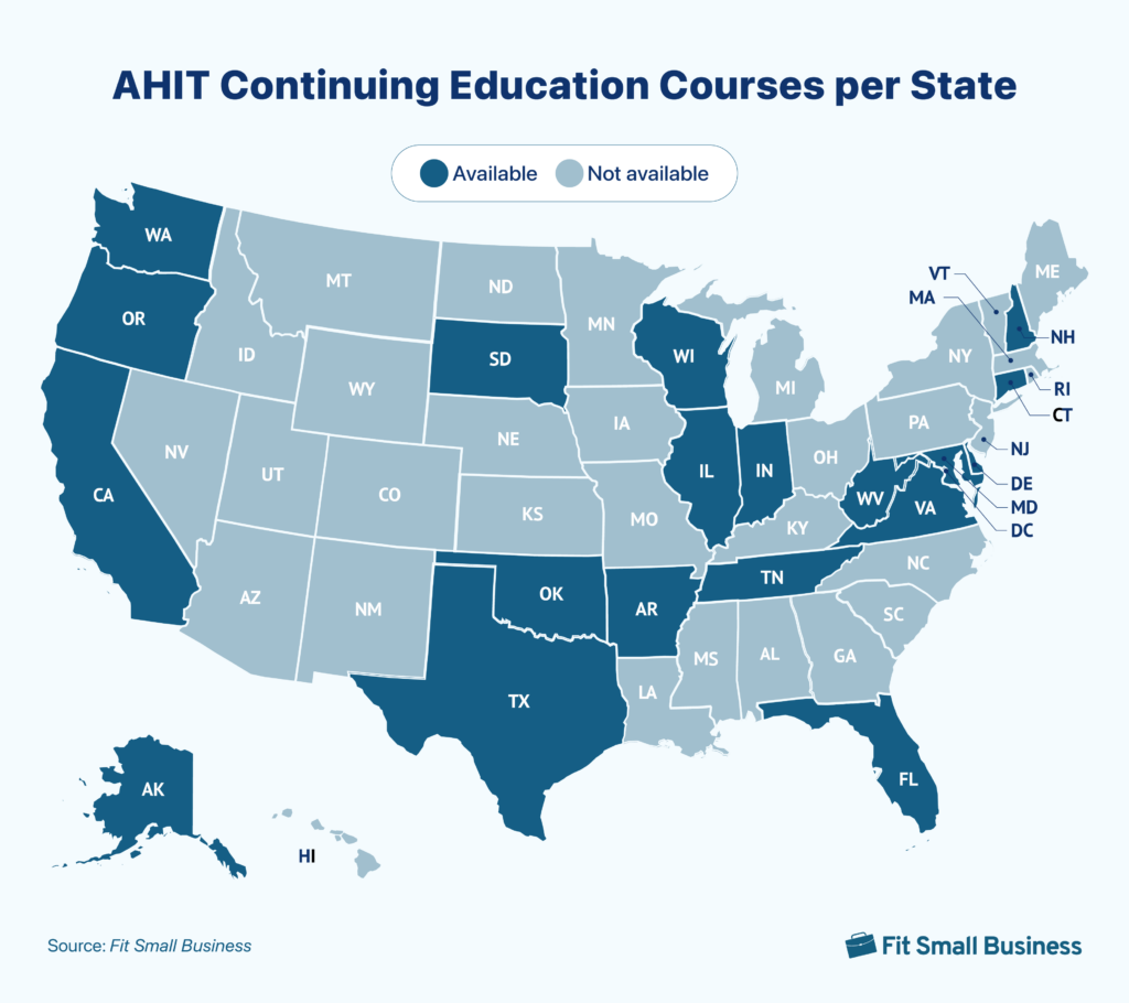 US map with AHIT continuing education course availability.
