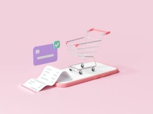 social commerce concept, shopping on smartphone with transaction credit card. 3d render illustration
