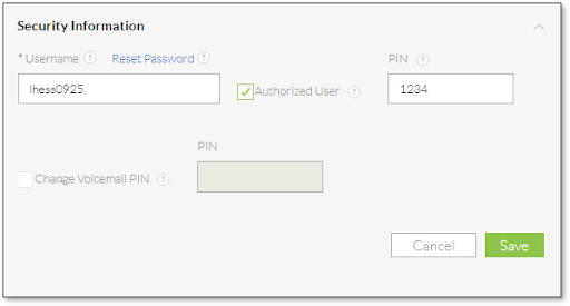 Nextiva's security information interface for setting user passwords and pins