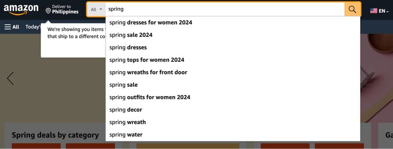 Amazon smart autocomplete search results for spring keyword