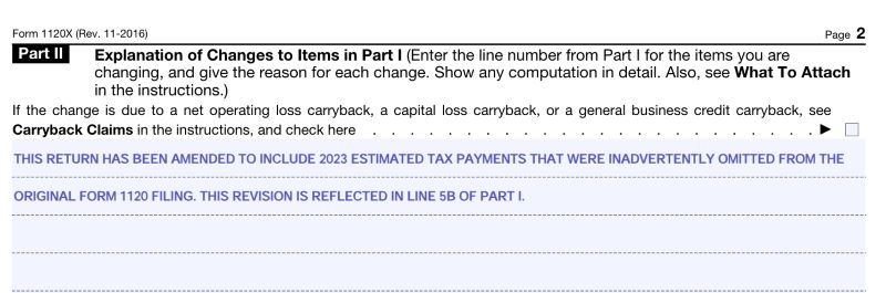 AT: Form 1120-X, Part II, filled with a sample explanation.