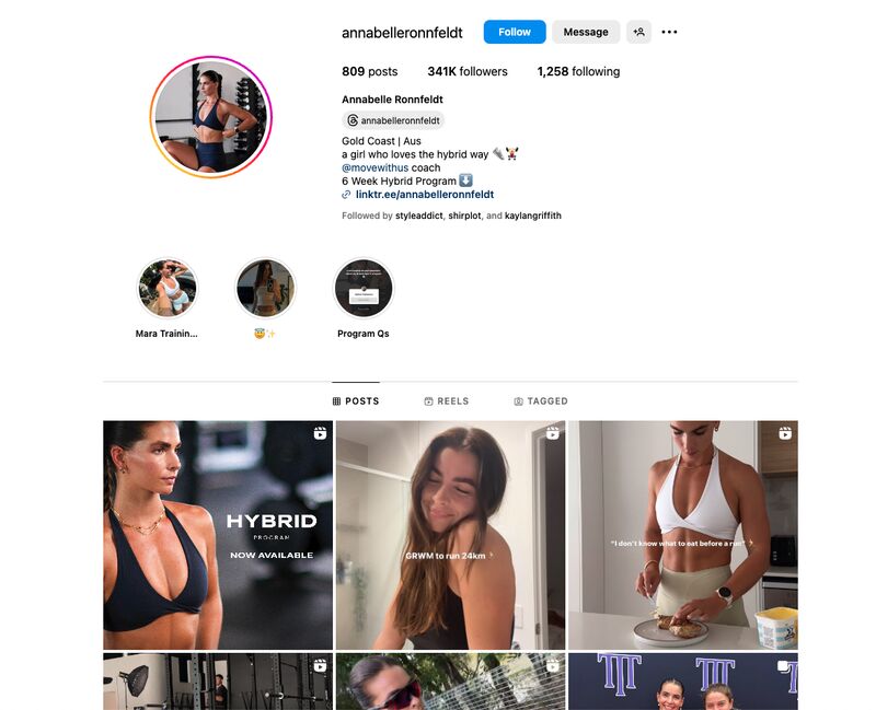 @annabelleronnfeldt's Instagram page with story highlights and top six posts. 