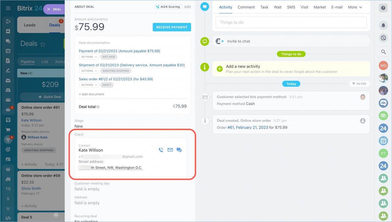 Bitrix24 activity dashboard showing a deal record.