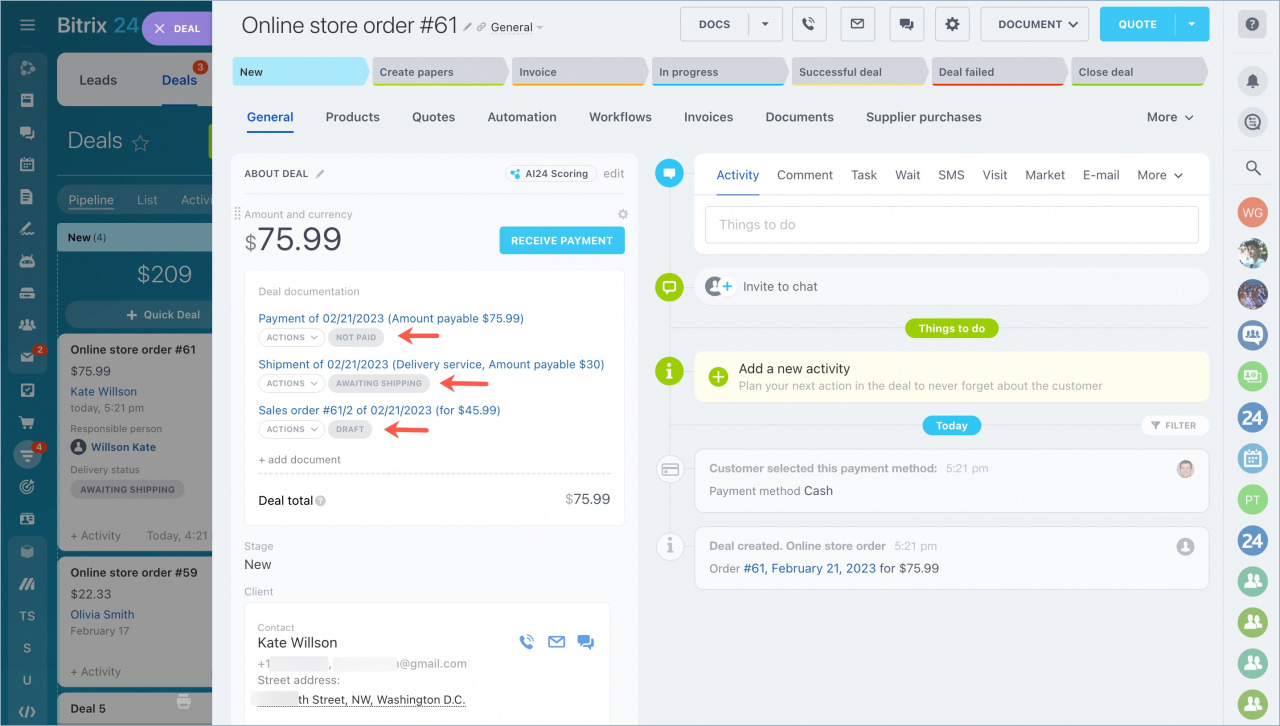 Bitrix24 order processing with customer billing data shown.