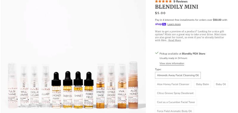 Blendily website featuring $5 product minis.
