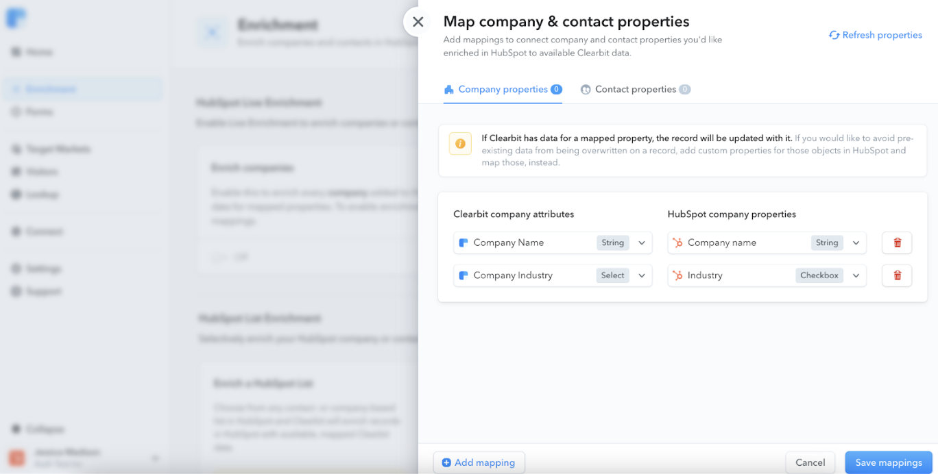 HubSpot CRM's Clearbit tool showing an option to refresh contact properties in data enrichment field mapping configuration.