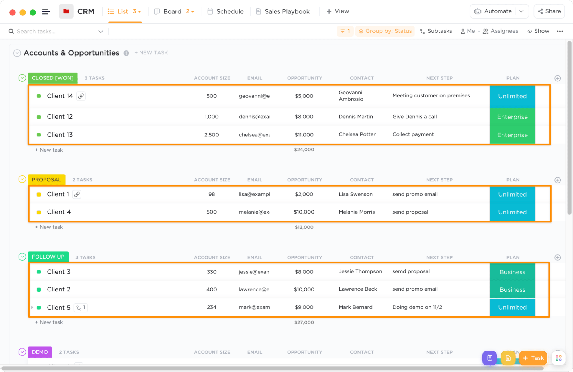 ClickUp CRM template with preloaded client task information.