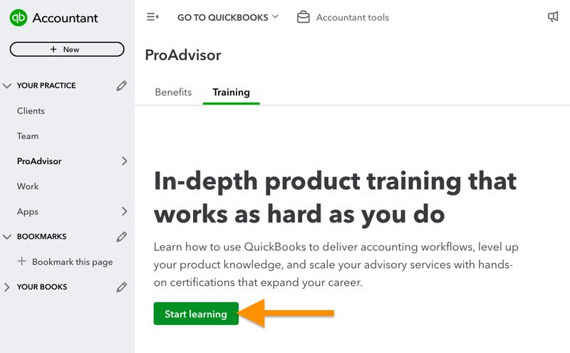Training tab under ProAdvisor highlighting the Start learning button