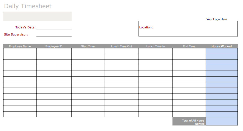 Daily timesheet template.