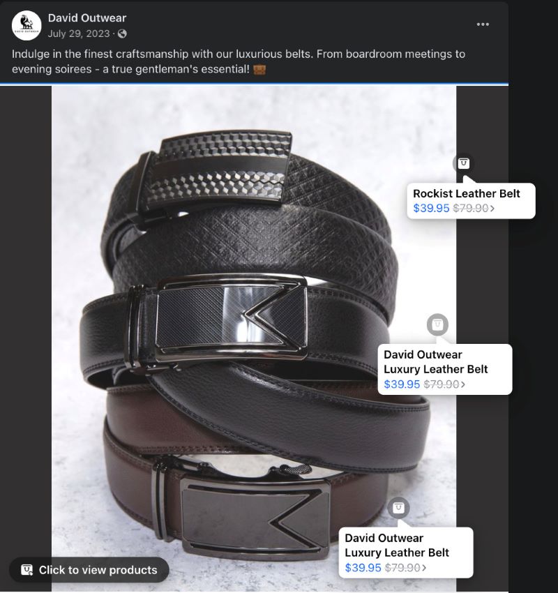 David outwear luxury leather belts for sale on Facebook tagged products.