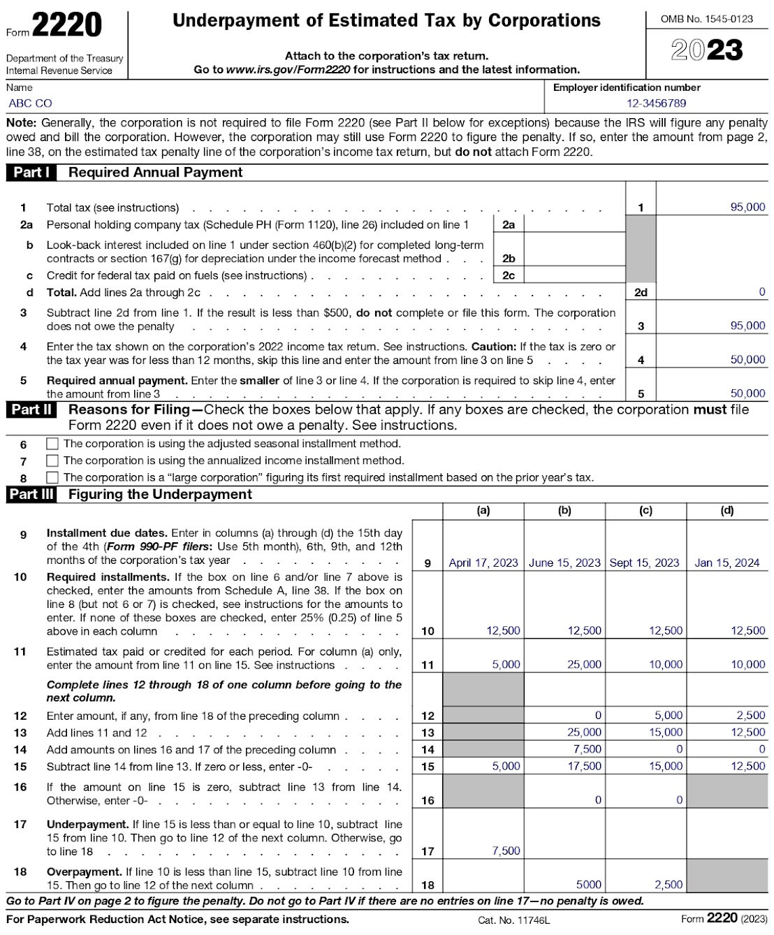 A completed Form 2220, Page 1, with sample data.